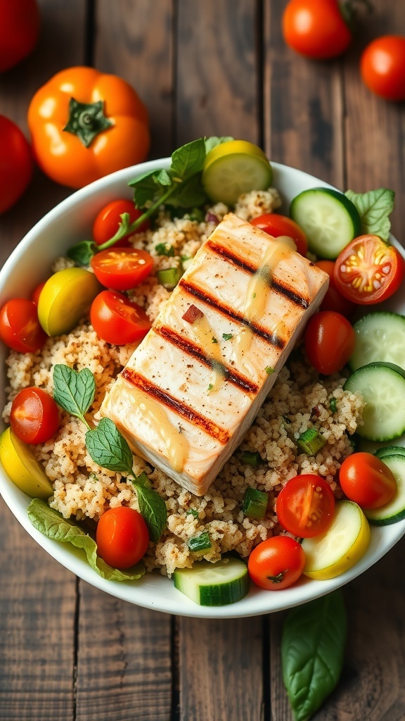 A colorful quinoa salad with grilled salmon, cherry tomatoes, cucumber, and bell pepper in a bowl.